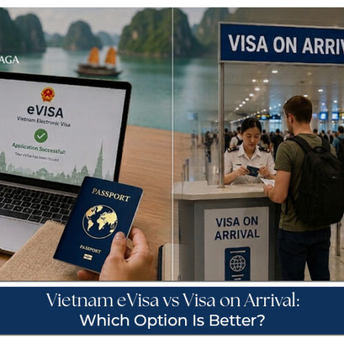 Traveller comparing Vietnam eVisa and Visa on Arrival options with passport and travel documents