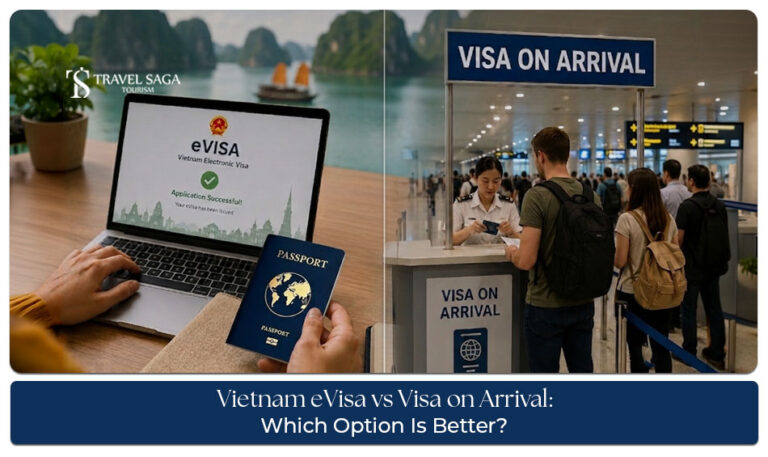 Traveller comparing Vietnam eVisa and Visa on Arrival options with passport and travel documents