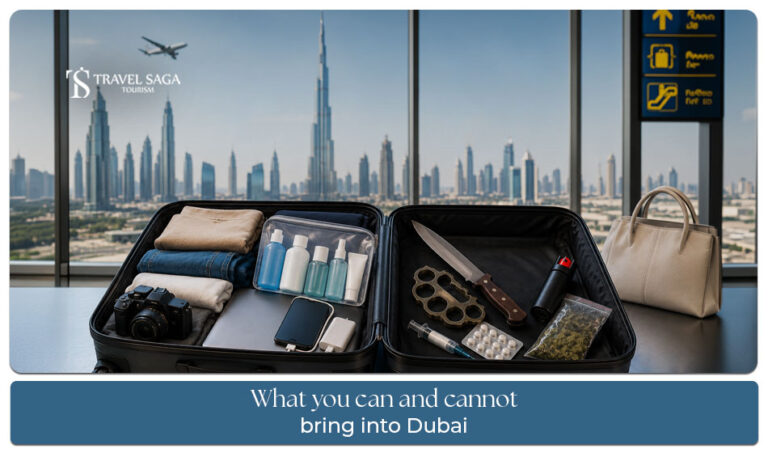 Traveller checking allowed and prohibited items before entering Dubai through airport customs