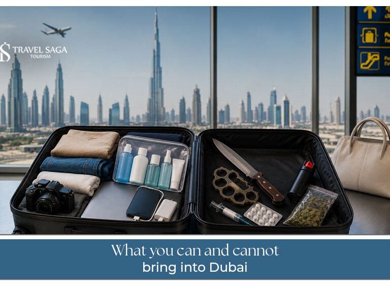 Traveller checking allowed and prohibited items before entering Dubai through airport customs