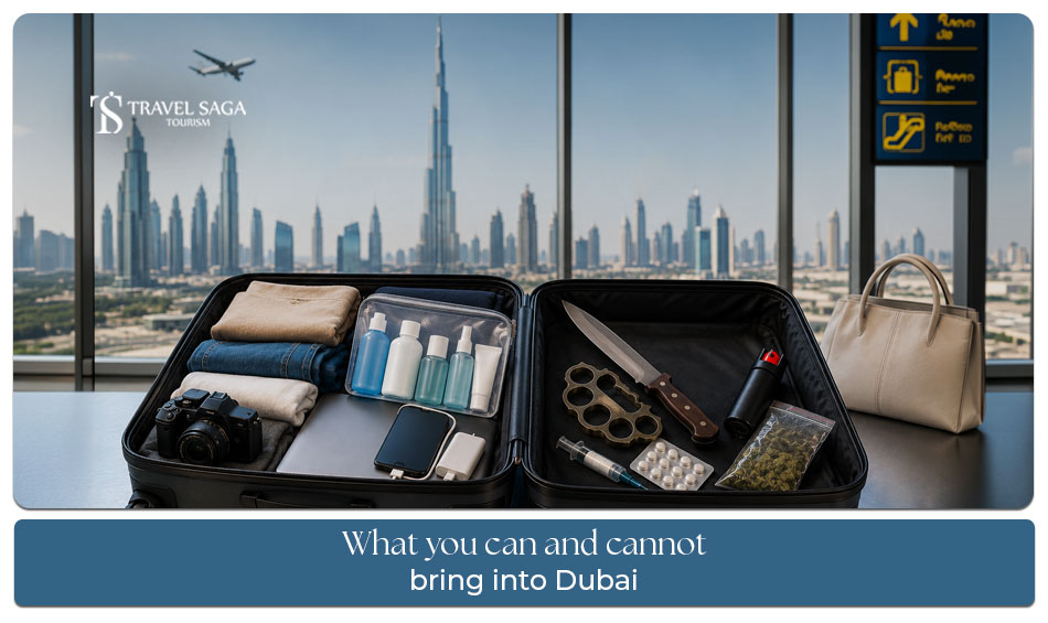 Traveller checking allowed and prohibited items before entering Dubai through airport customs