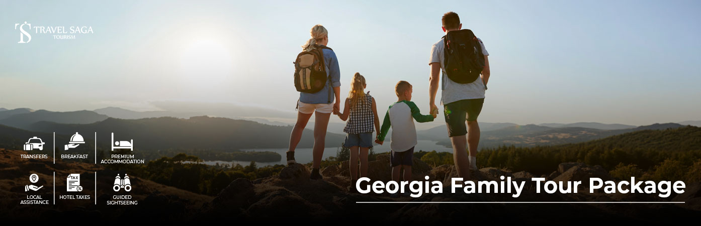 Happy family exploring Tbilisi and the scenic Caucasus Mountains with a Georgia Family Tour Package by Travel Saga Tourism.