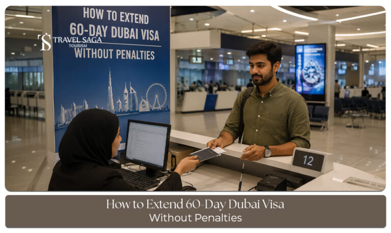 Traveller extending a Dubai visa online with passport and visa documents