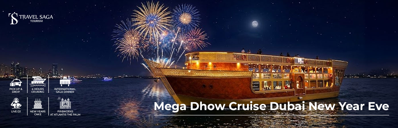 Guests celebrating aboard the Mega Dhow Cruise Dubai New Year Eve while enjoying live entertainment, fine dining, and spectacular fireworks.