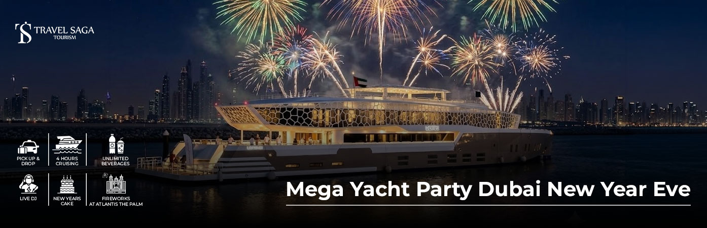Guests celebrating aboard the Mega Yacht Party Dubai New Year experience while enjoying live entertainment, gourmet dining, and spectacular fireworks.