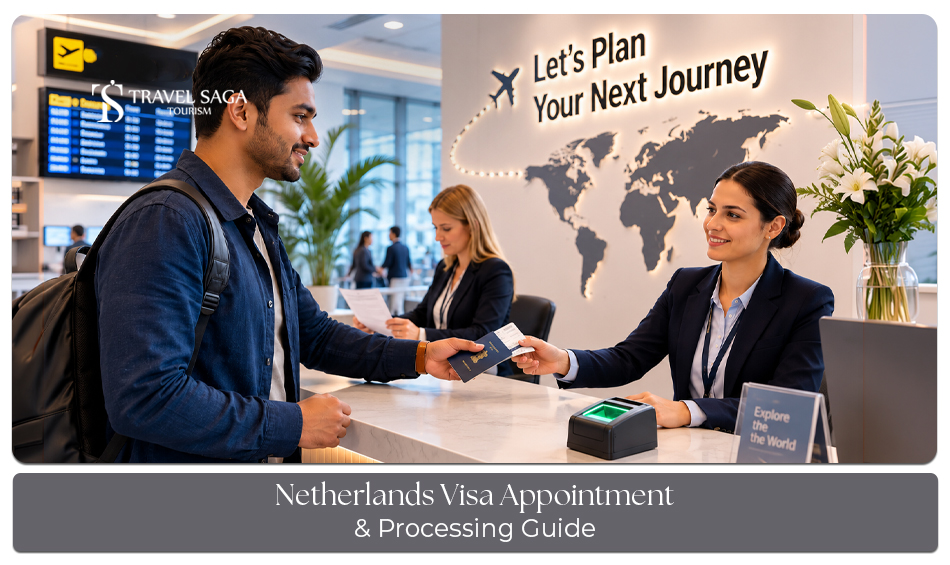 Traveller booking a Netherlands visa appointment with passport and documents