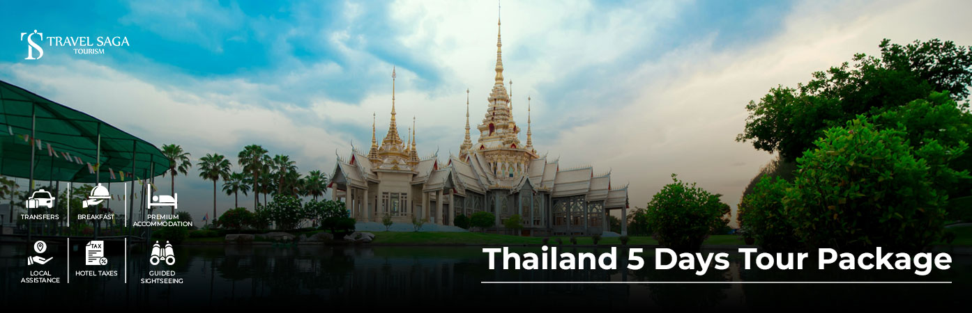 Thailand 5 Days Tour Package by Travel Saga featuring Bangkok, Pattaya, island tours, temples, and exciting attractions.