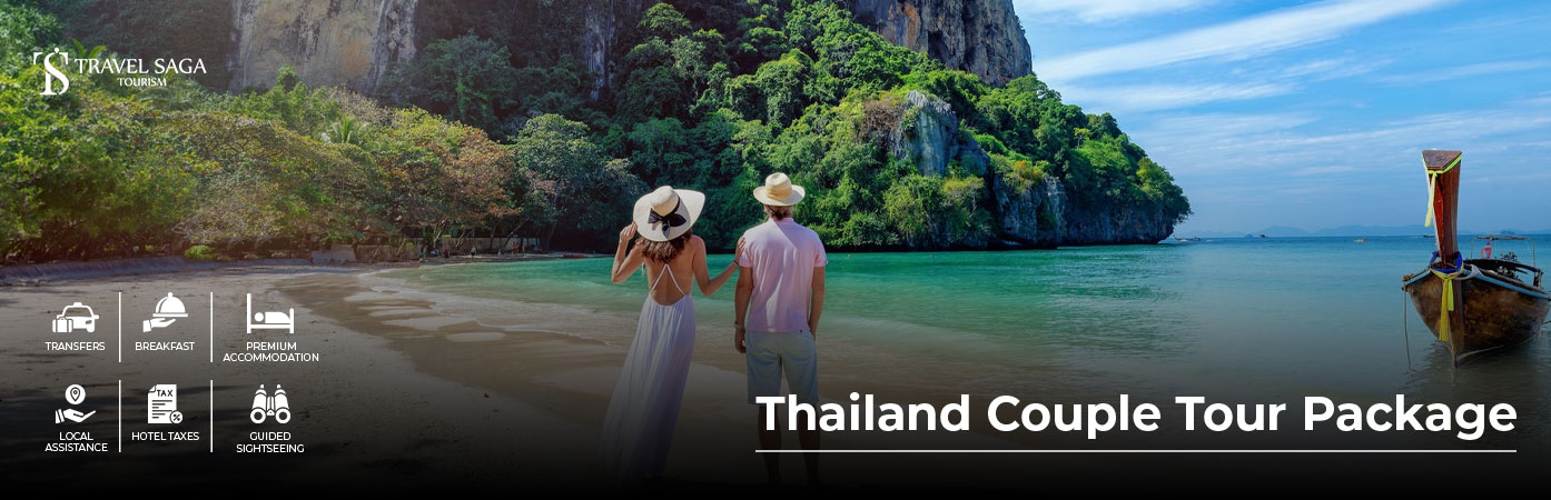 Romantic couple enjoying a beach sunset in Thailand with the Thailand Couple Tour Package by Travel Saga Tourism.