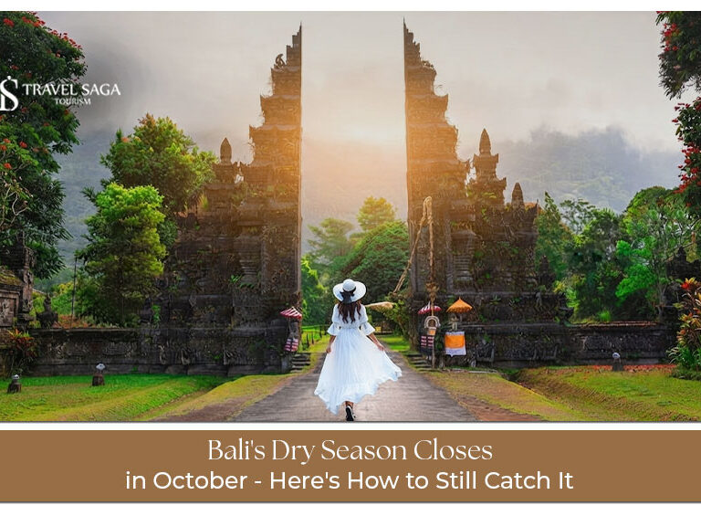 Tourists enjoying Bali's sunny beaches and tropical scenery during the dry season.