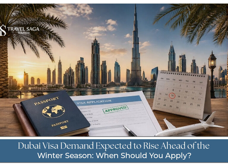 Traveler holding a passport while waiting for Dubai visa approval during the busy winter travel season.