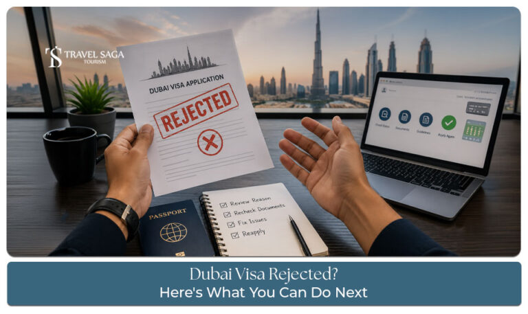 Traveler reviewing a rejected Dubai visa application with passport and documents.