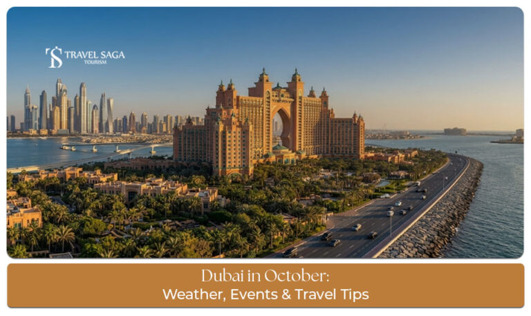 Visitors enjoying Dubai's outdoor attractions and skyline during pleasant October weather.