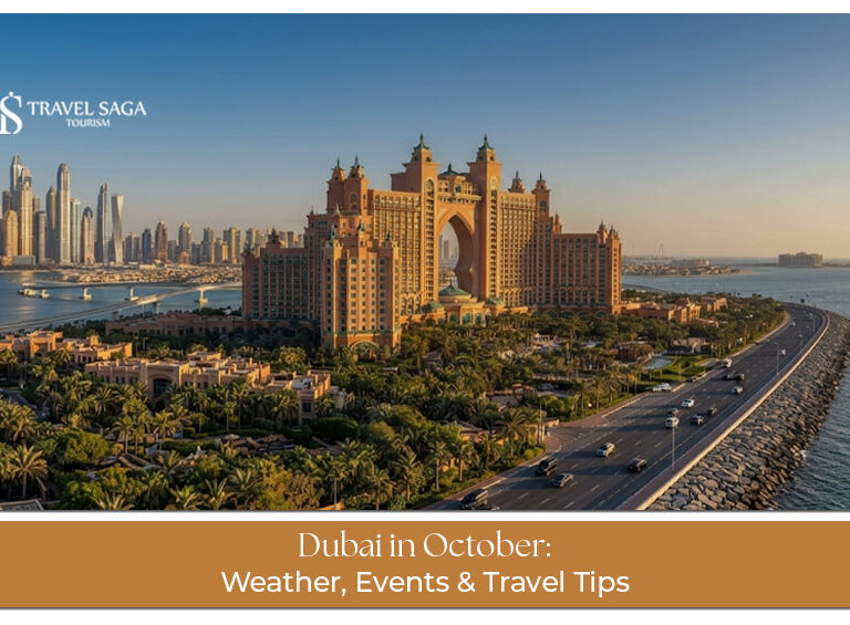 Visitors enjoying Dubai's outdoor attractions and skyline during pleasant October weather.