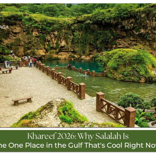 Lush green mountains, waterfalls, and mist-covered landscapes during the Khareef season in Salalah, Oman.