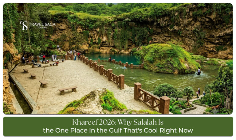 Lush green mountains, waterfalls, and mist-covered landscapes during the Khareef season in Salalah, Oman.