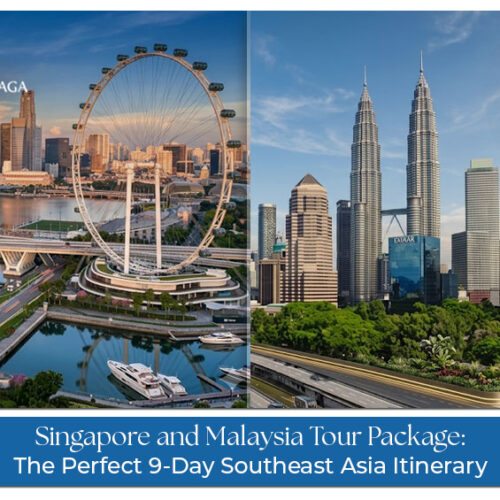 Tourists exploring iconic attractions in Singapore and Malaysia during a 9-day Southeast Asia tour package.