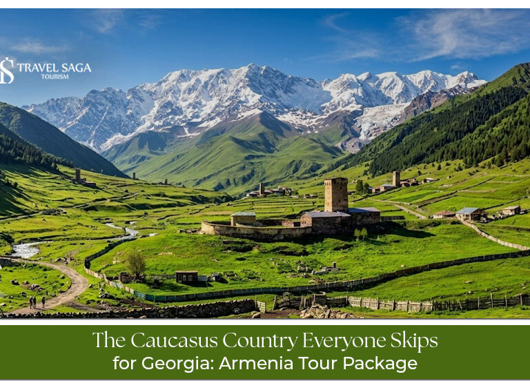 Traveler exploring Armenia's ancient monastery and mountain landscape instead of Georgia