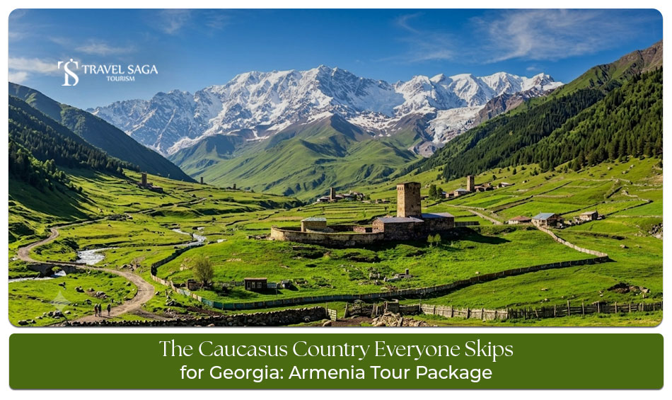 Traveler exploring Armenia's ancient monastery and mountain landscape instead of Georgia