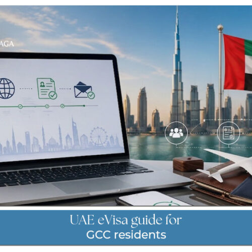 UAE e-Visa guide for GCC residents with passport, travel documents, and Dubai skyline.