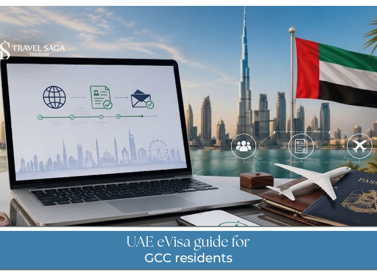 UAE e-Visa guide for GCC residents with passport, travel documents, and Dubai skyline.