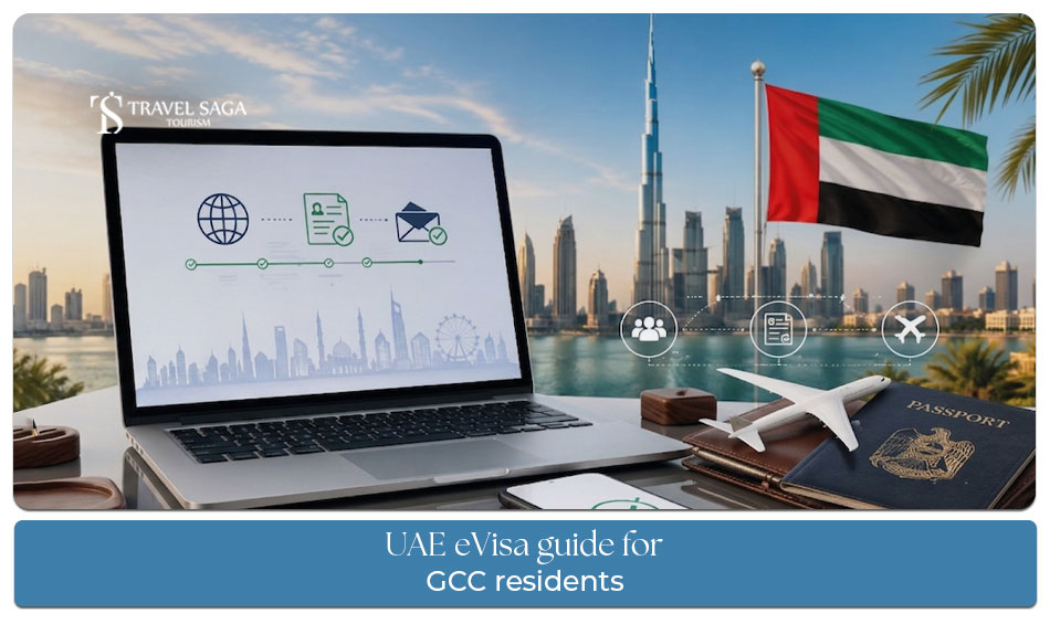 UAE e-Visa guide for GCC residents with passport, travel documents, and Dubai skyline.