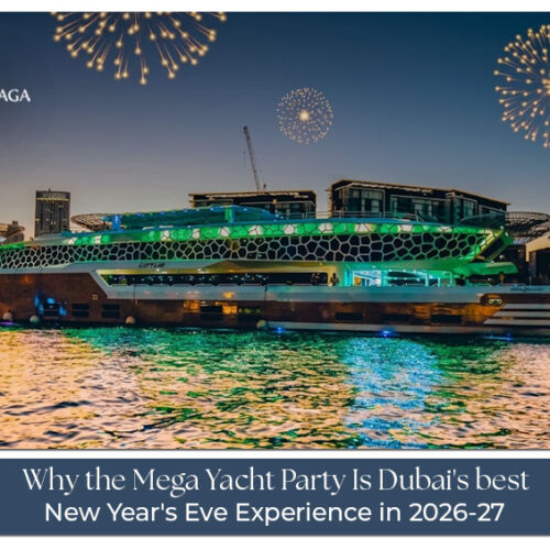 Dubai Mega Yacht Party 2026-27 with fireworks.