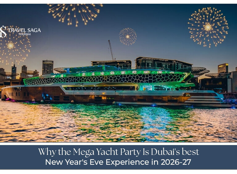 Dubai Mega Yacht Party 2026-27 with fireworks.