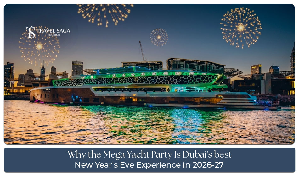 Dubai Mega Yacht Party 2026-27 with fireworks.