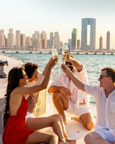 Group celebrating with drinks aboard a Dubai yacht charter