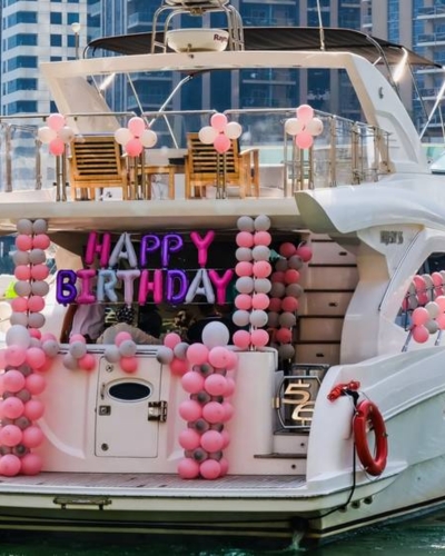 Yacht decorated for a birthday party rental in Dubai