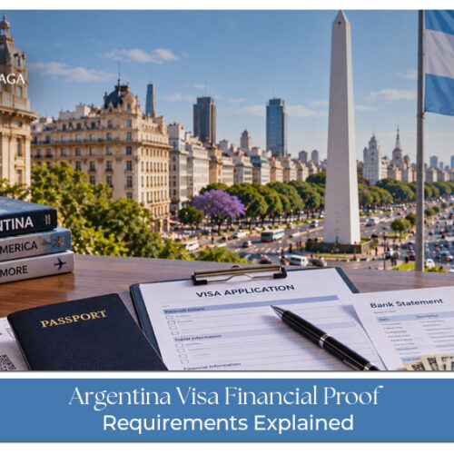 Traveller reviewing bank statements and financial documents for an Argentina visa application.