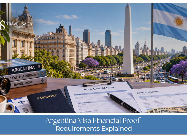 Traveller reviewing bank statements and financial documents for an Argentina visa application.