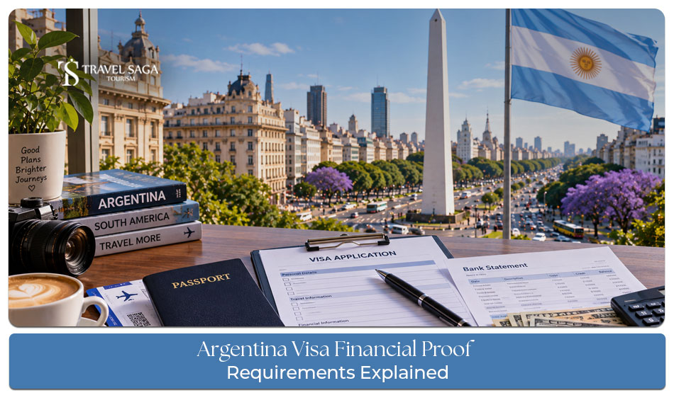 Traveller reviewing bank statements and financial documents for an Argentina visa application.