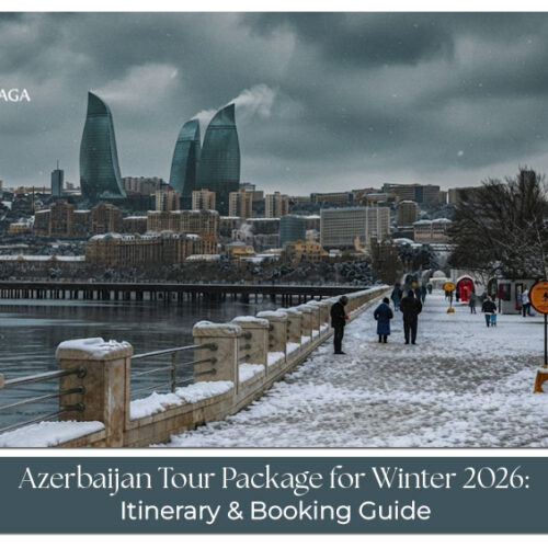 Travellers enjoying a snowy winter landscape during an Azerbaijan holiday.