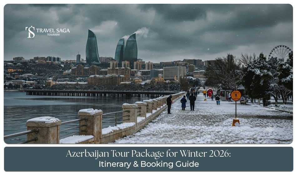 Travellers enjoying a snowy winter landscape during an Azerbaijan holiday.
