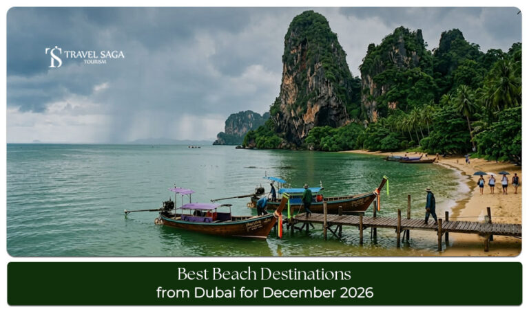 A scenic tropical beach offering a relaxing getaway from Dubai in December.