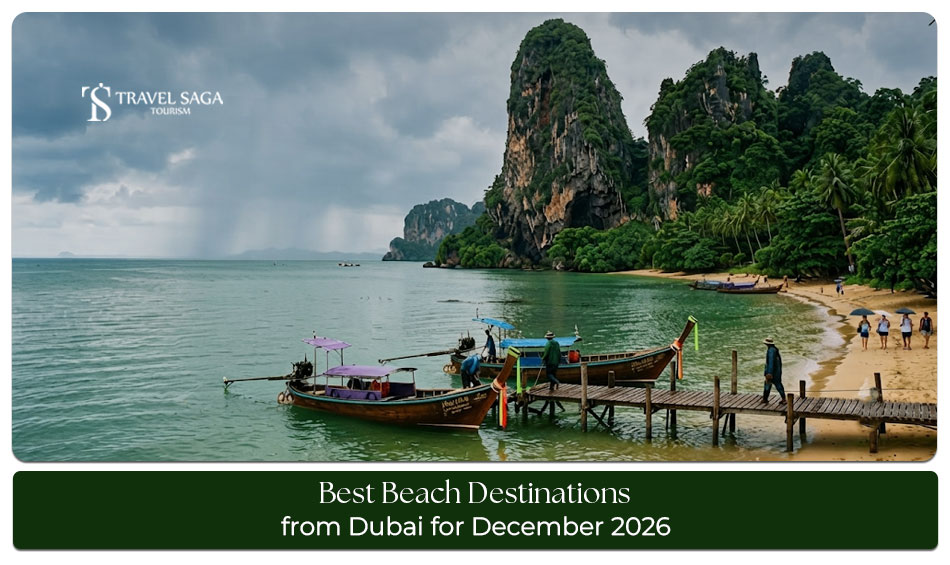 A scenic tropical beach offering a relaxing getaway from Dubai in December.