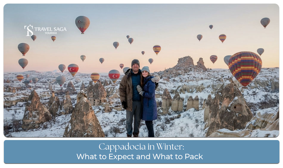 Snow-covered Cappadocia landscape with hot air balloons floating above the winter valleys.