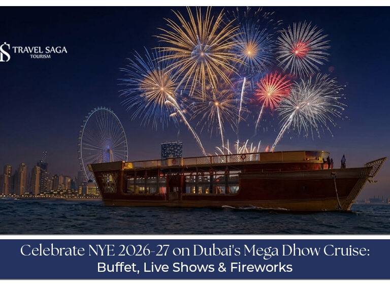 Dubai Mega Dhow Cruise New Year Eve 2026-27 with fireworks and entertainment.