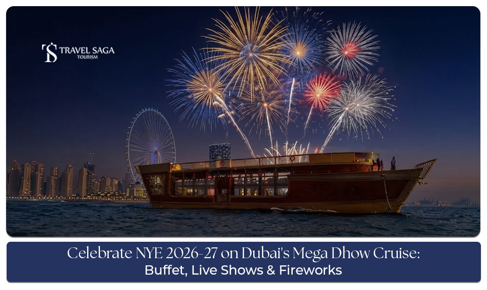 Dubai Mega Dhow Cruise New Year Eve 2026-27 with fireworks and entertainment.