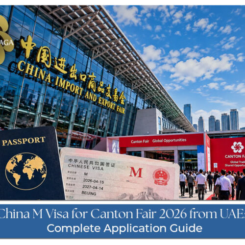 Business travellers preparing documents for a China trade fair visit.