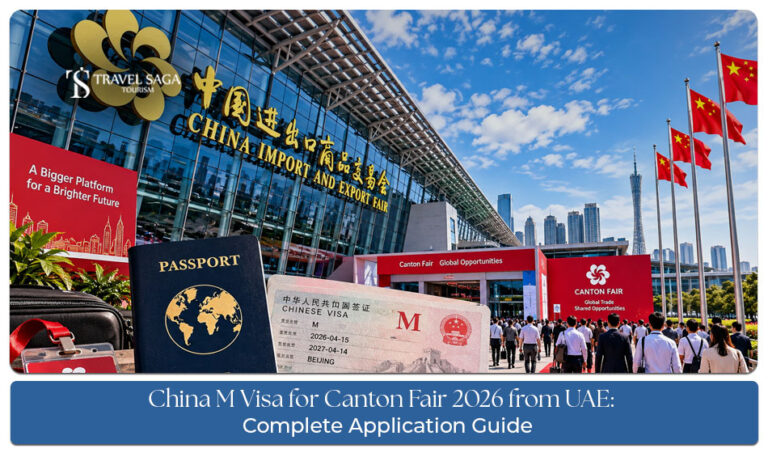 Business travellers preparing documents for a China trade fair visit.