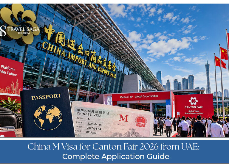 Business travellers preparing documents for a China trade fair visit.
