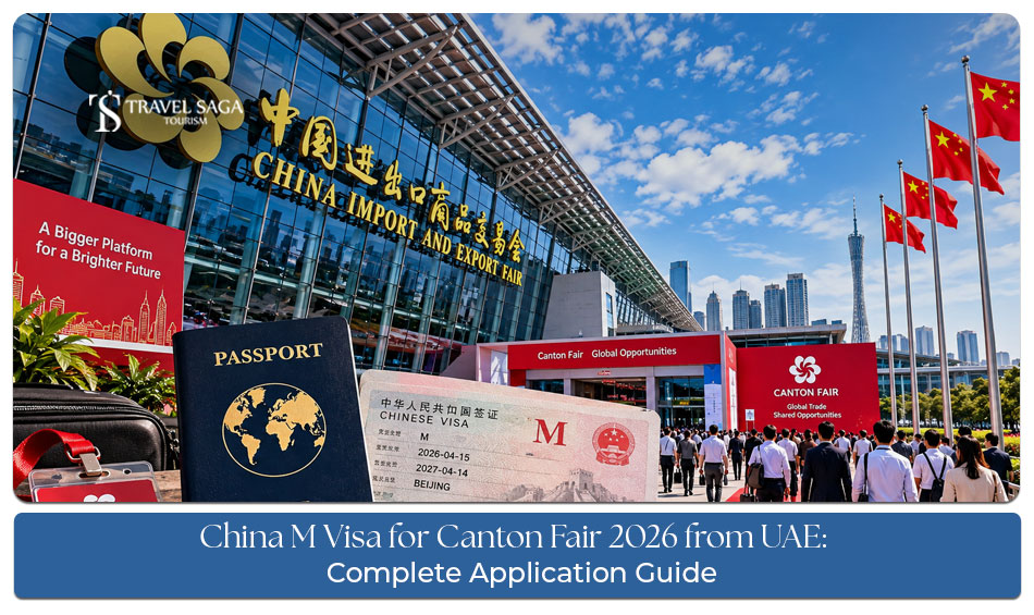 Business travellers preparing documents for a China trade fair visit.