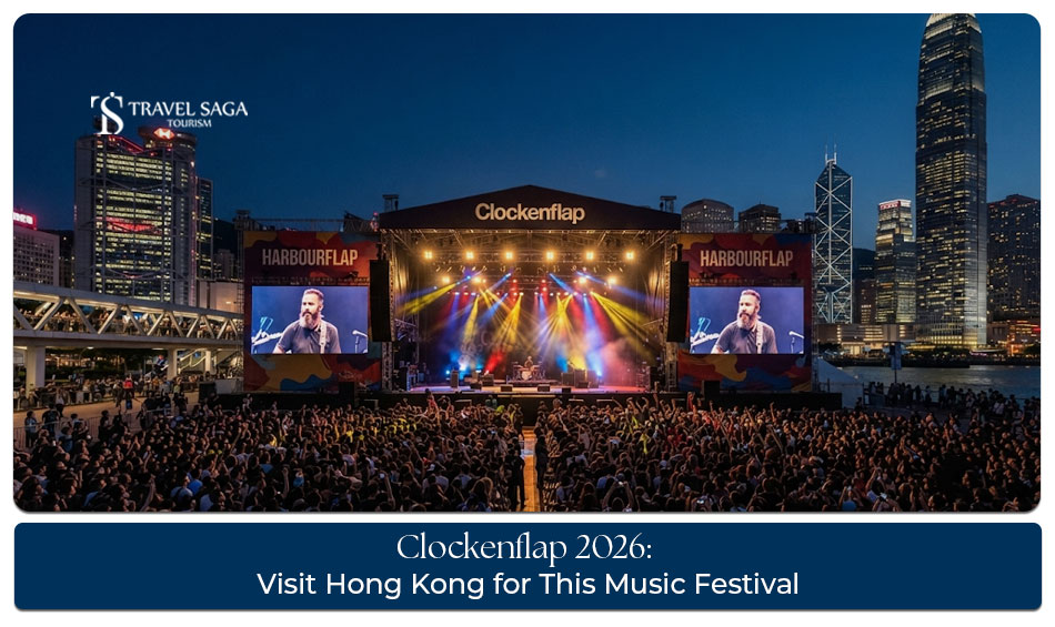 Crowds enjoying live music and festival activities at Clockenflap in Hong Kong.