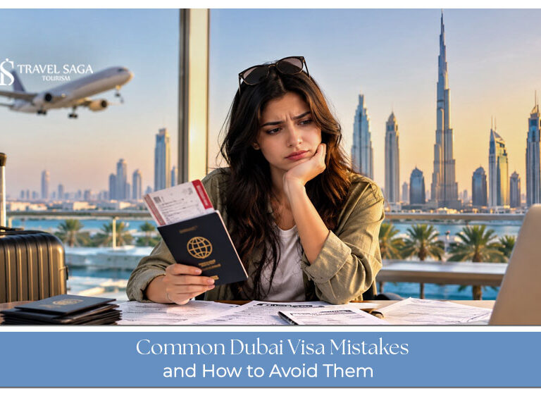 Traveller reviewing important documents while avoiding common mistakes during a Dubai visa application.
