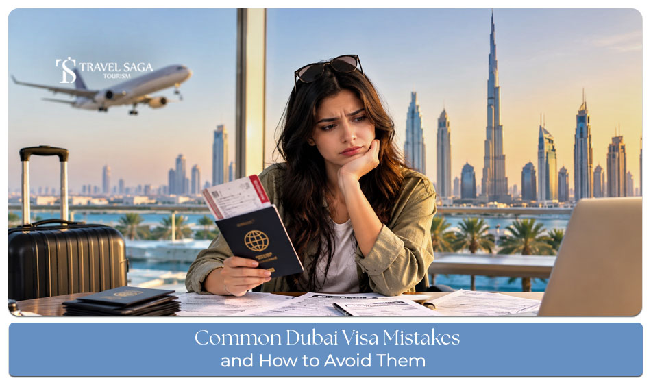 Traveller reviewing important documents while avoiding common mistakes during a Dubai visa application.