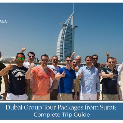 A group of travellers enjoying a Dubai holiday with iconic city landmarks in the background.