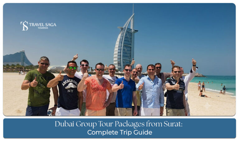 A group of travellers enjoying a Dubai holiday with iconic city landmarks in the background.
