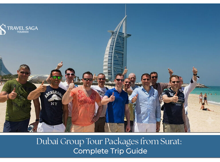 A group of travellers enjoying a Dubai holiday with iconic city landmarks in the background.